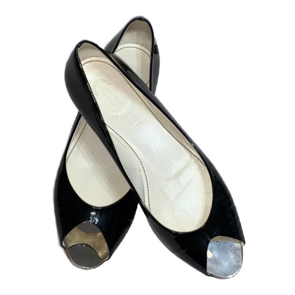 Chanel Peep Toe Ballet Flats Patent Black Size 8.5 - Picture 12 of 15